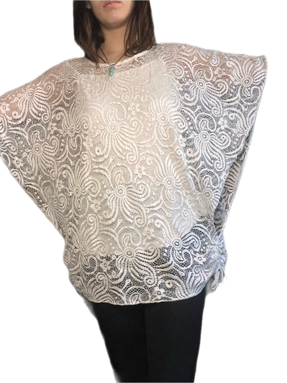 Suzy Shier Cream Lace Poncho Capelet Top, Drawstring, xl